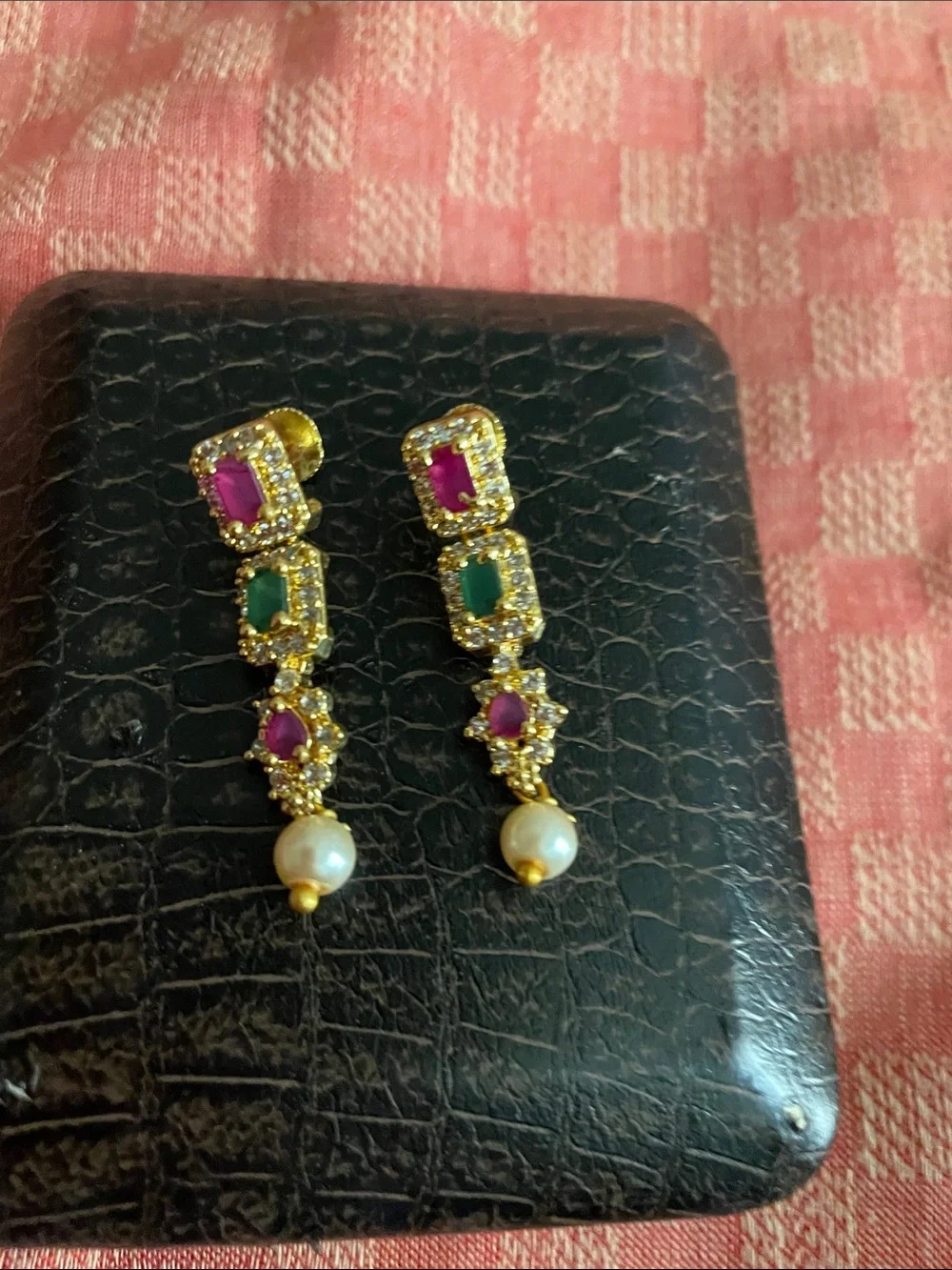 Gold-Tone Pink & Green Stone Drop Earrings with Pearl Accent